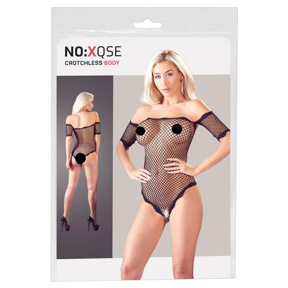 NO:XQSE - carmen ujjú, nyitott necc body - fekete (S-L)