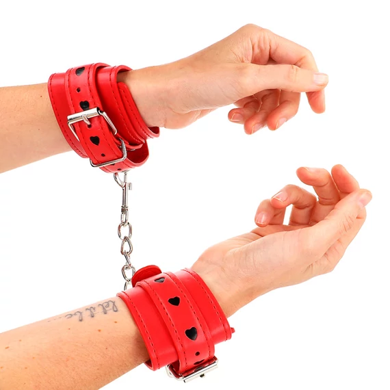 KINK – állítható piros csuklókötöző fekete szívvel