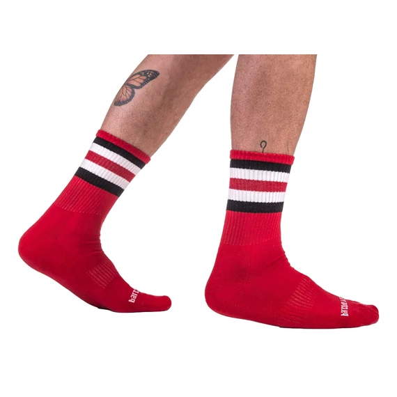PandaSocks - csíkos fél zokni piros-fekete-fehér kombinációban