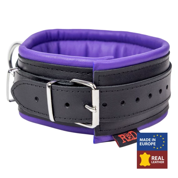 Párnázott bőr nyakörv 3 D-gyűrűvel – Fekete/lila elegancia