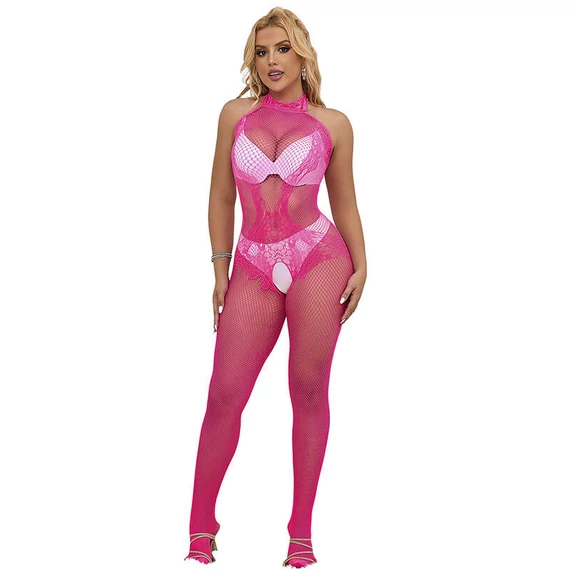SUBBLIME - csipkés, nyitott bodystocking, magas nyakú, rózsaszín