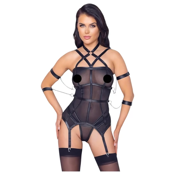 / Cottelli Bondage - pántos felső, kar bilincs és tanga (fekete)