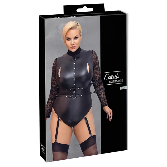 / Cottelli Bondage Plus Size - csipkésujjú body (fekete)